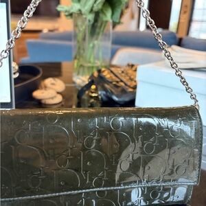 Christian Dior Patent Embossed Wallet on a chain in gunmetal/dark grey